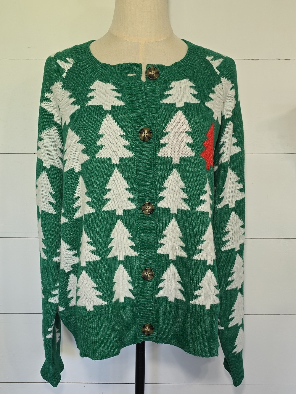 Dec 25th Green Festive Holiday Christmas Tree Knit Button-Down Cardigan Sweater